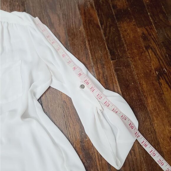 AGB White Semi Sheer Half Button Career Roll Sleeve Top Medium - Picture 8 of 10